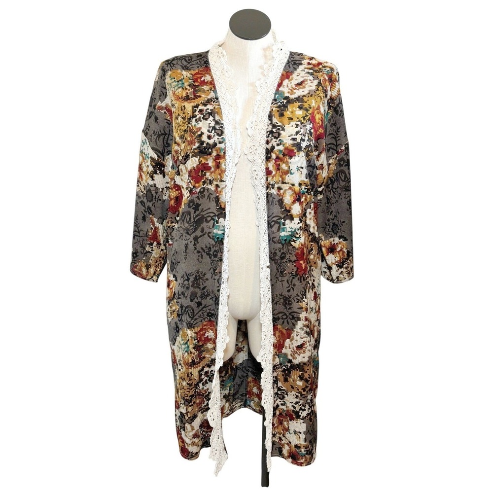 Jodifl Womens M Floral Pixelated Tapestry Duster Cardigan Crochet Lace Trim